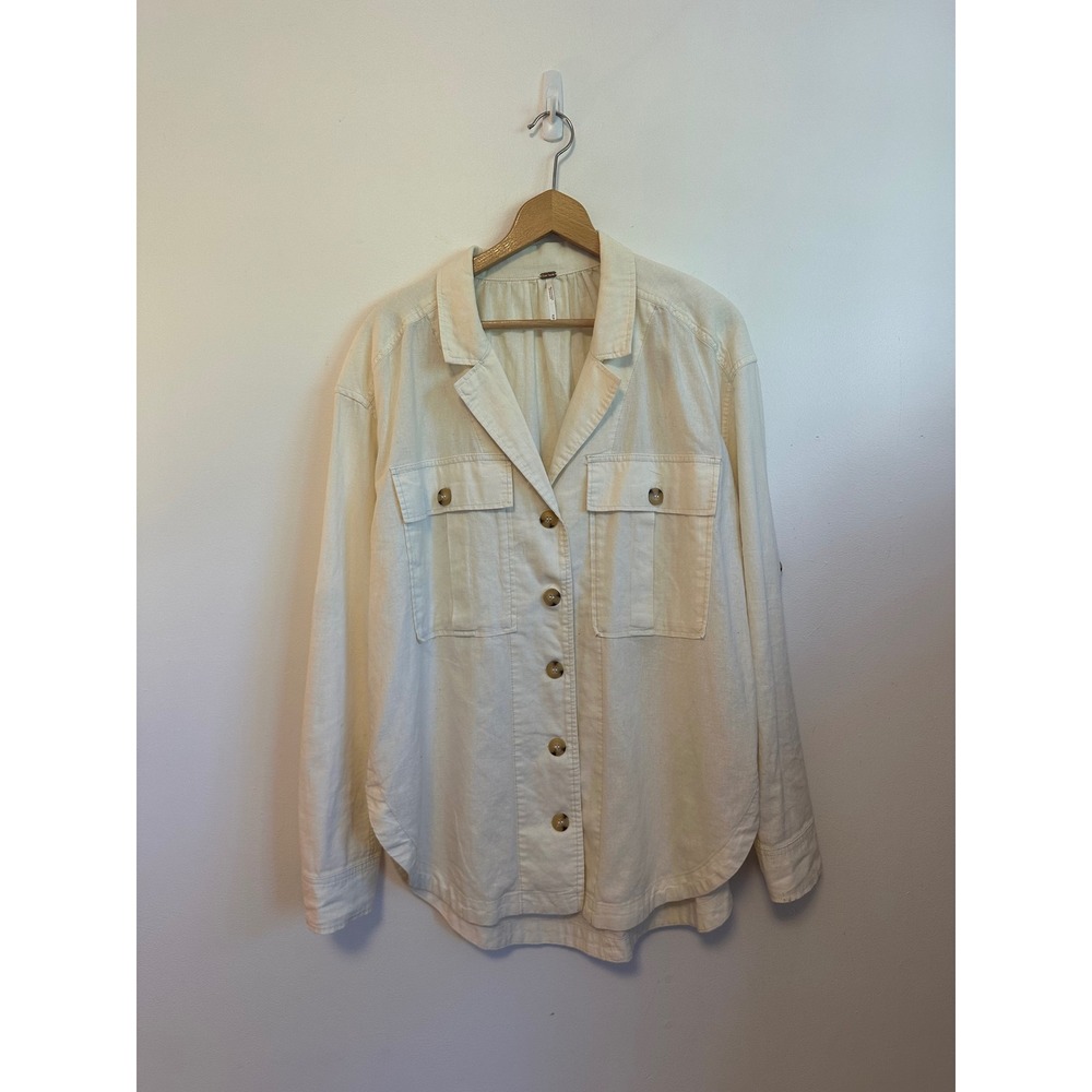 Free People Cream Linen and Cotton Button Down Utility Shirt | Size Medium